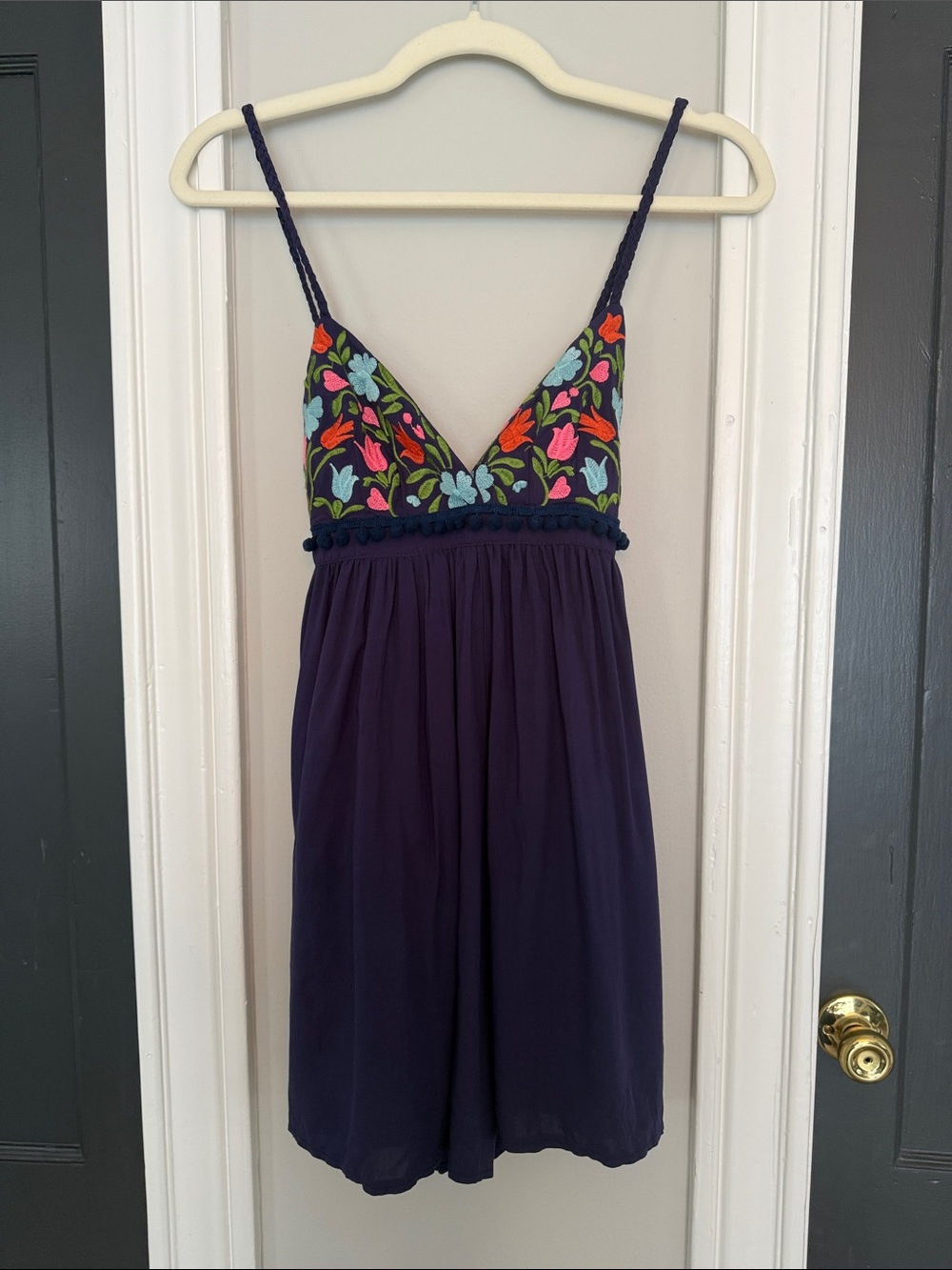 Angel Navy Romper with Bright Floral Embroidered Bust and Braided Straps
